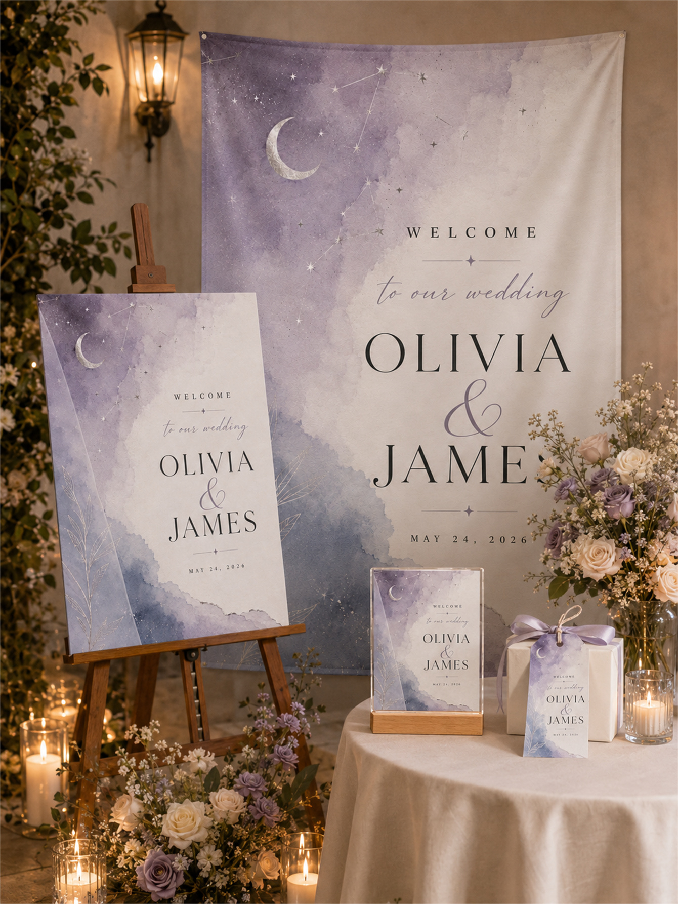 Customized celestial lavender wedding decorations - moon, stars and watercolor designs for a luxurious wedding - customized names and dates